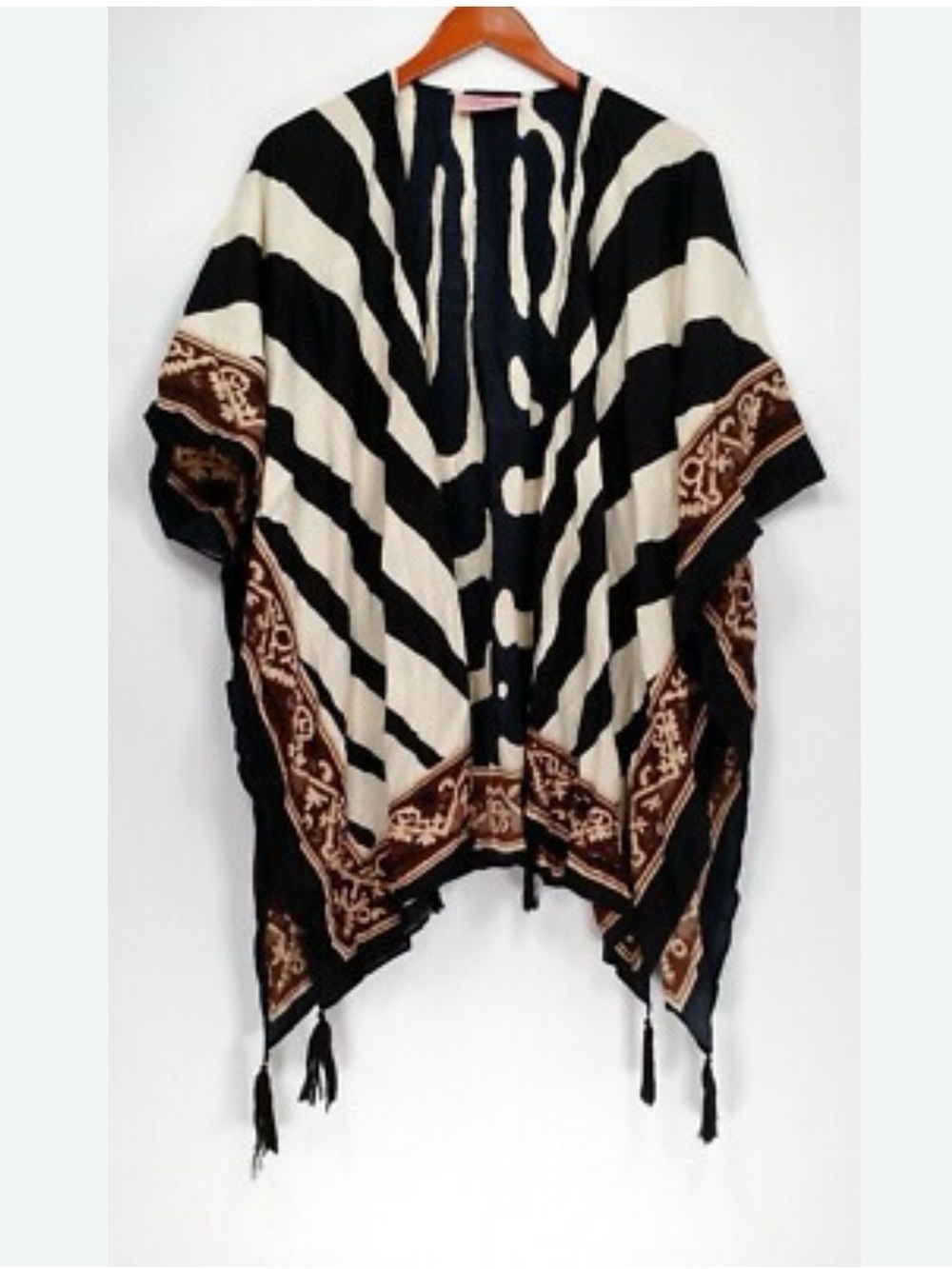 Theodora & Callum Black, Cream & Brown Zebra-Print Open Front Ruana Tunic